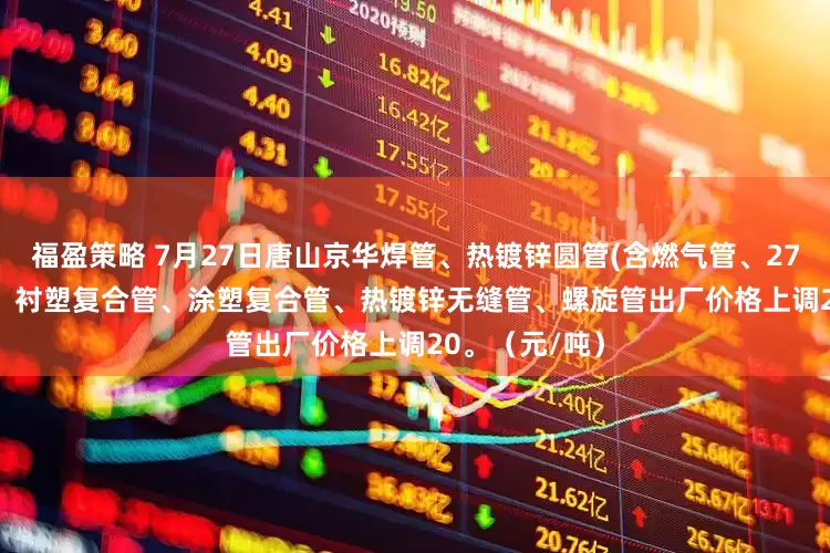 福盈策略 7月27日唐山京华焊管、热镀锌圆管(含燃气管、273-325系列)、衬塑复合管、涂塑复合管、热镀锌无缝管、螺旋管出厂价格上调20。（元/吨）